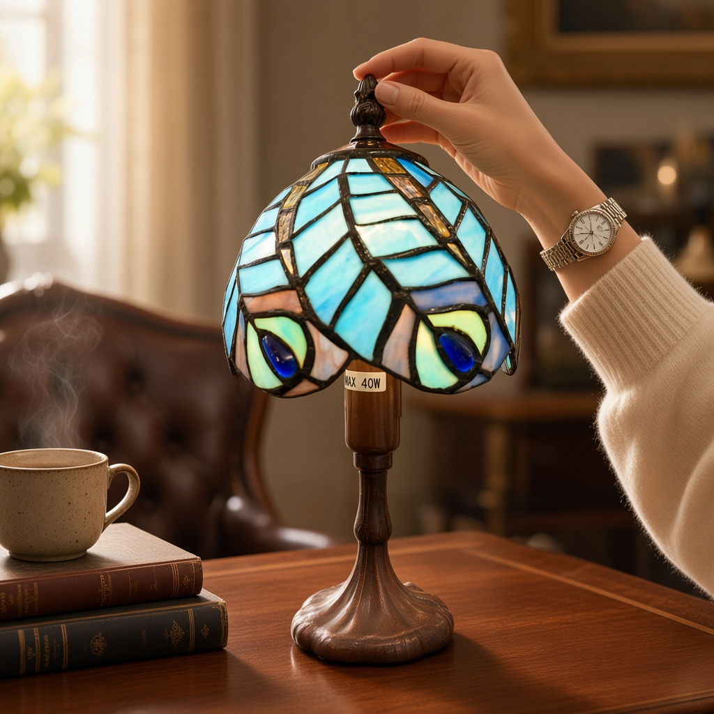 Lampe Tiffany vitrail plumes de paon – Bleu turquoise, vert & cobalt