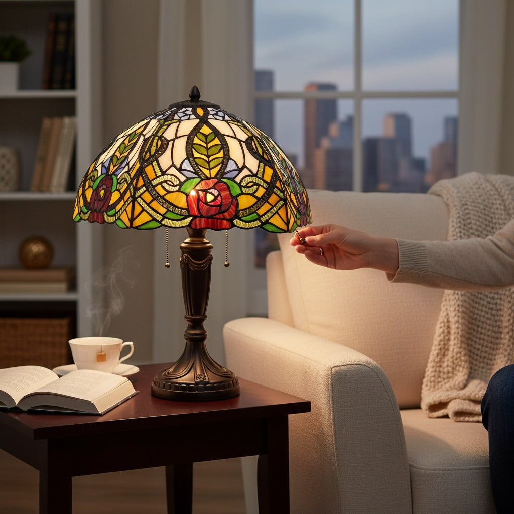 Lampe Tiffany Florale Multicolore – Rose & Feuillages Art Nouveau