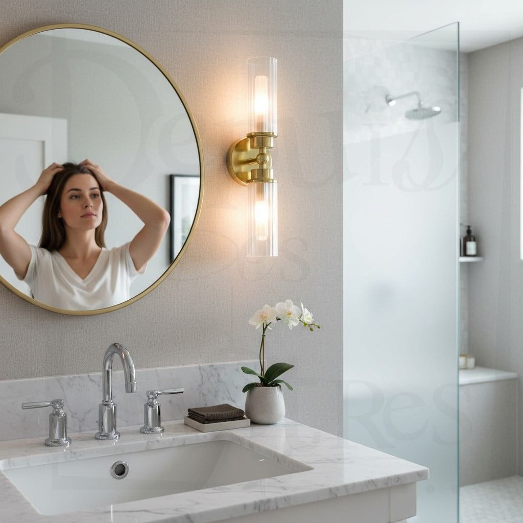 Applique salle de bain Imperial Searchlight laiton satiné verre côtelé - vue 1