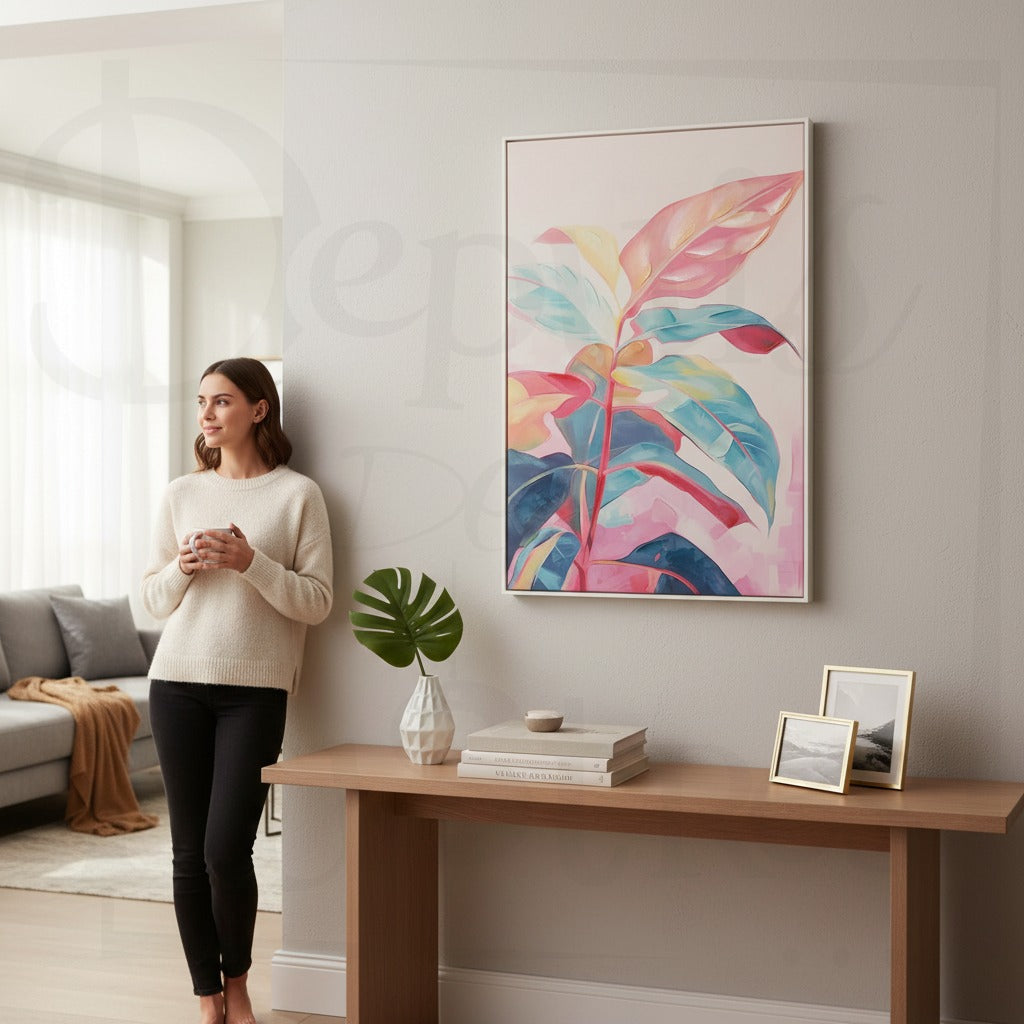 Tableau Feuilles Colorées Rose vue 1