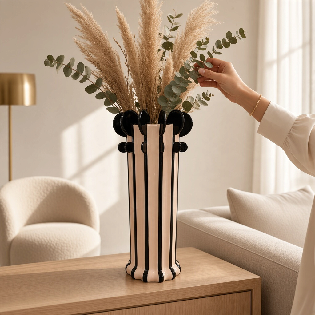 Vase céramique rayé noir et blanc H44 – Élégance graphique XXL