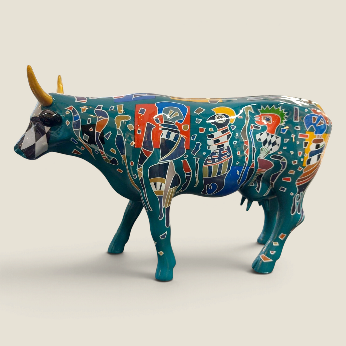 Statuette de vache Depuis des lustres en résine turquoise peinte à la main, style pop art avec motifs colorés