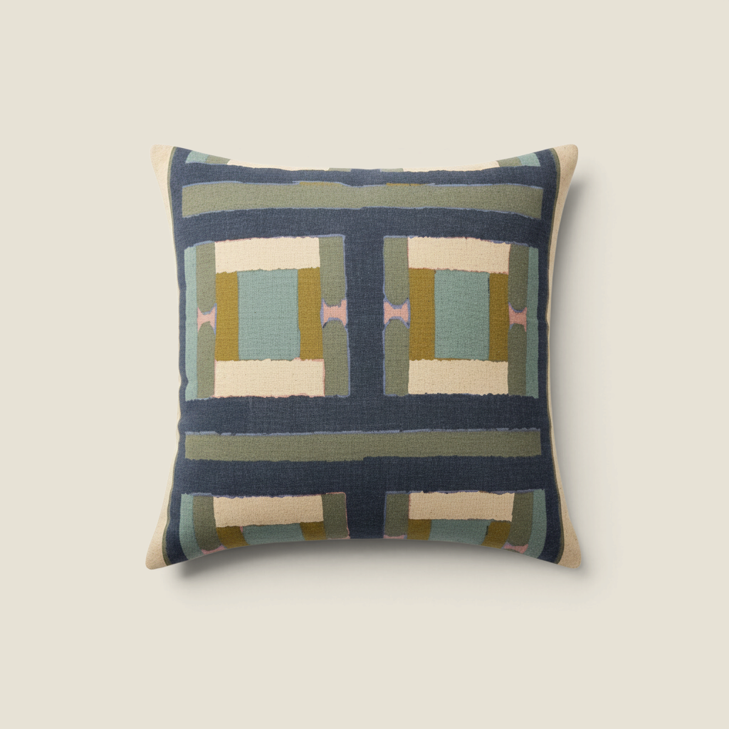 Coussin Depuis des lustres Taho carré 45x45cm en lin et coton, motif géométrique vert de gris, bleu et rose poudré.