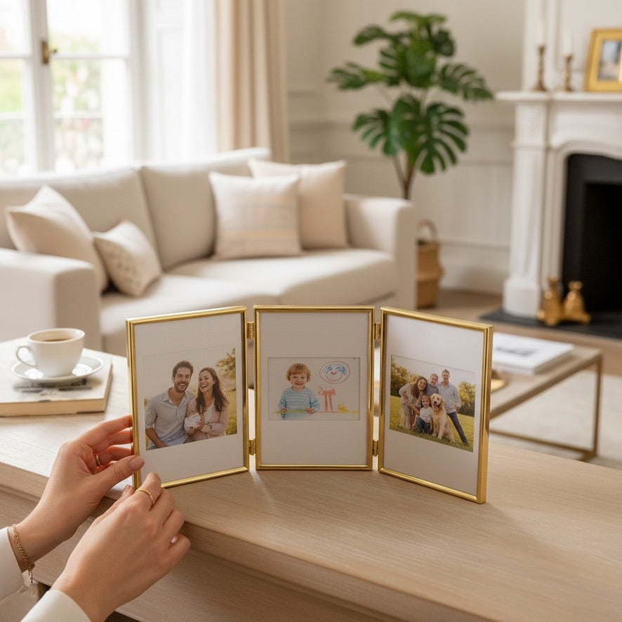 Cadre photo triptyque en métal doré – 3 vues 10x15 cm