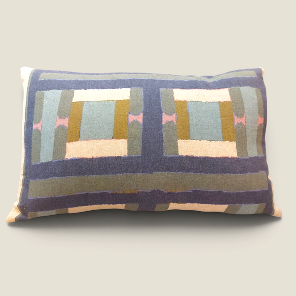 Coussin rectangulaire Depuis des lustres TAHO en lin et coton avec motif géométrique abstrait vert de gris et bleu