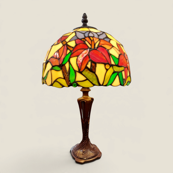 Lampe Tiffany Depuis des lustres avec abat-jour en vitrail floral multicolore et pied en bronze style Art Nouveau