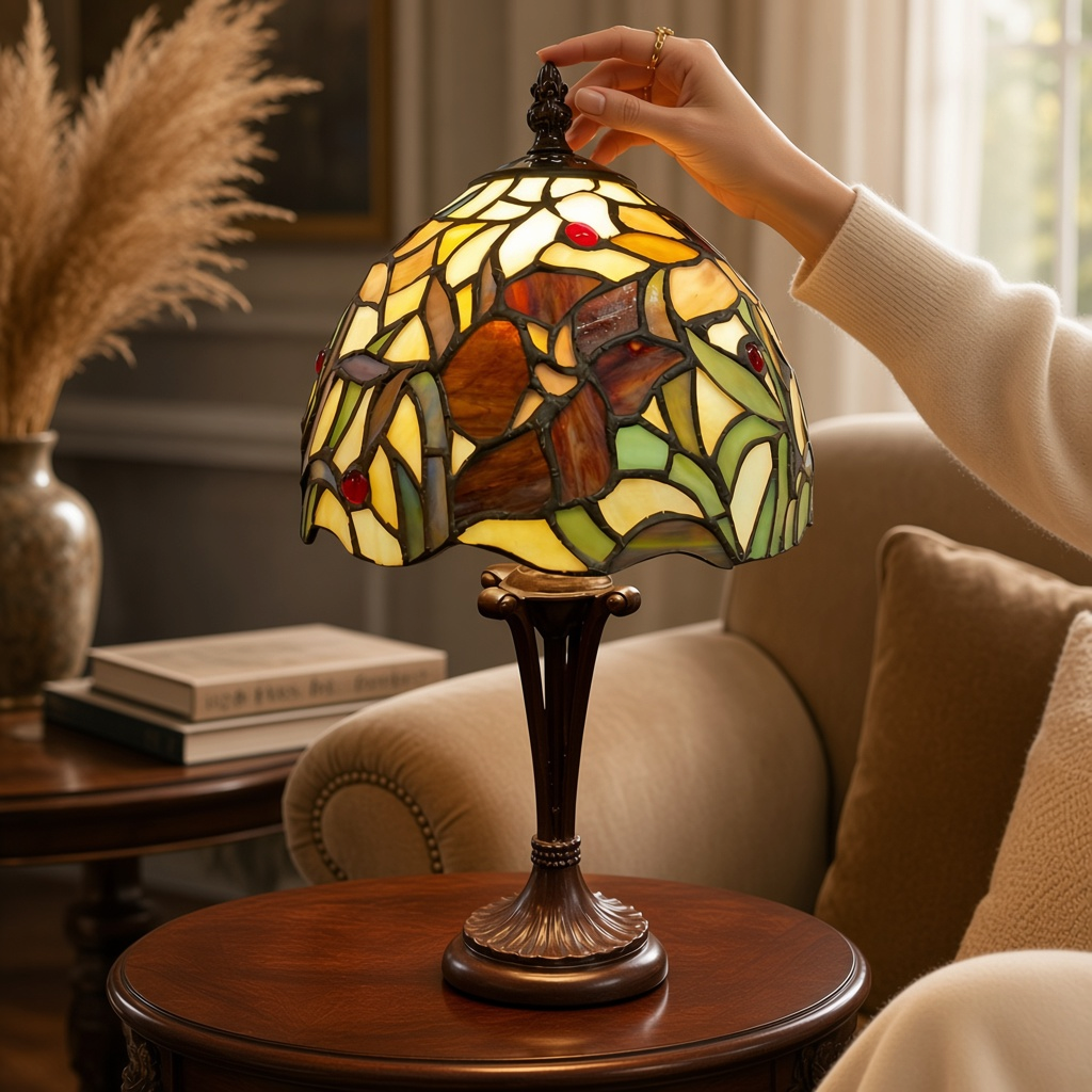Lampe Tiffany Florale – Vitrail Multicolore & Pied Bronze