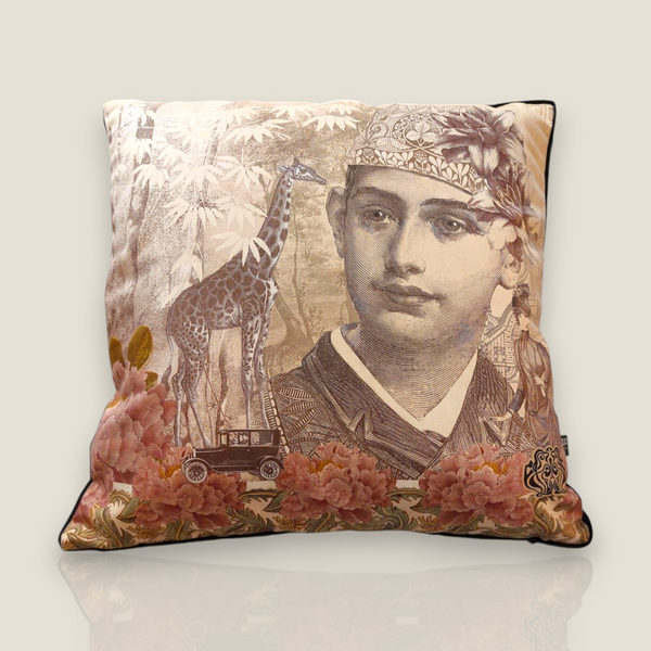Depuis des lustres OIA square velvet cushion with surrealist vintage collage of a portrait, giraffe, and peonies.