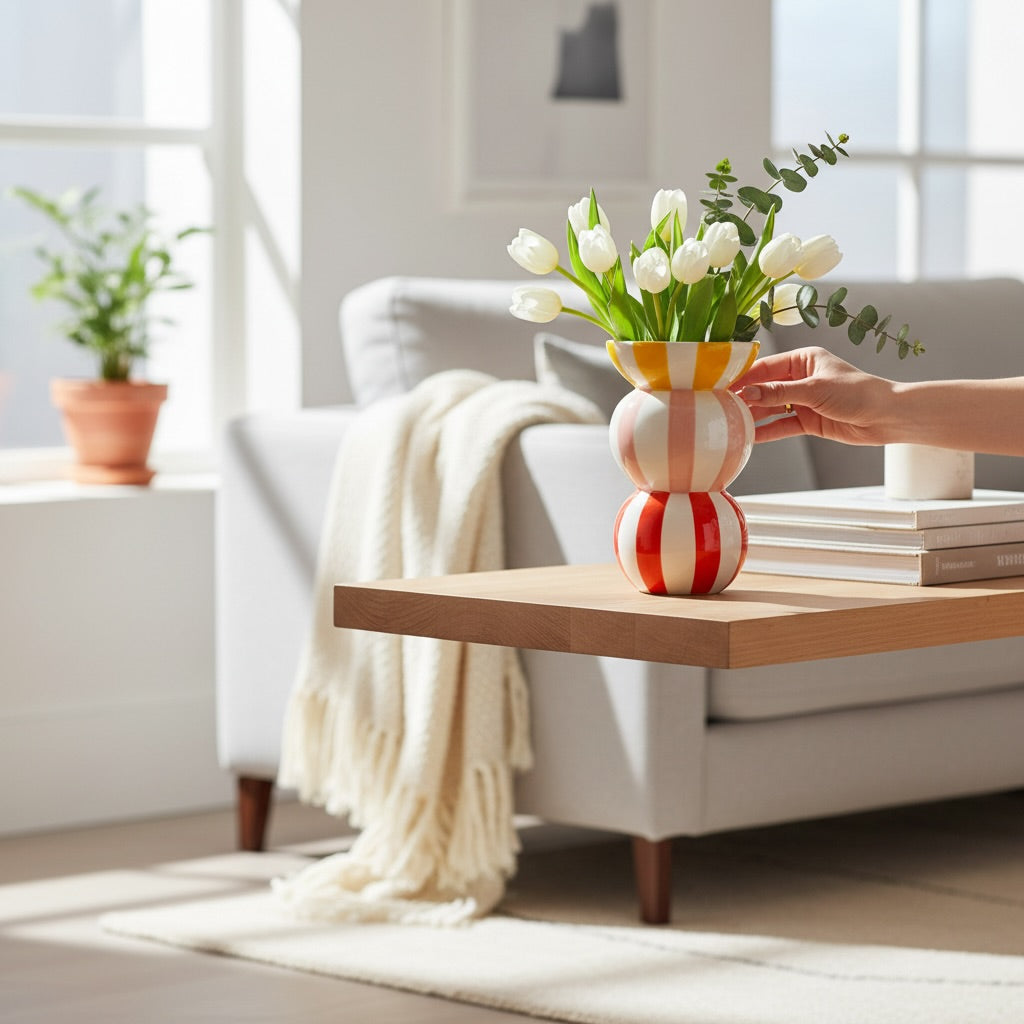 Vase en céramique rayures rouge, rose et jaune — QUE RICO