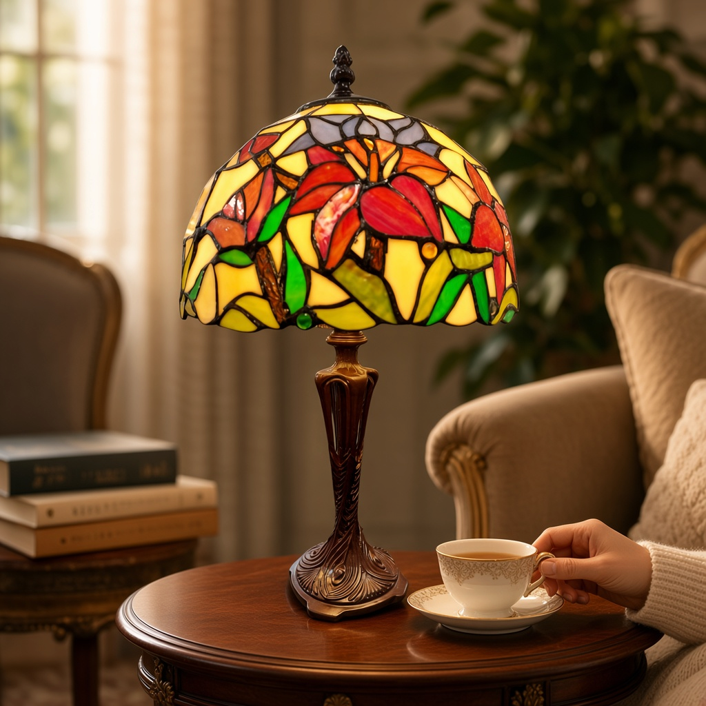 Lampe Tiffany florale multicolore – Pied bronze Art Nouveau