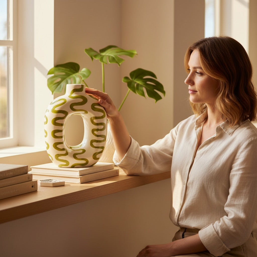 Vase céramique blanc et vert olive — QUE RICO