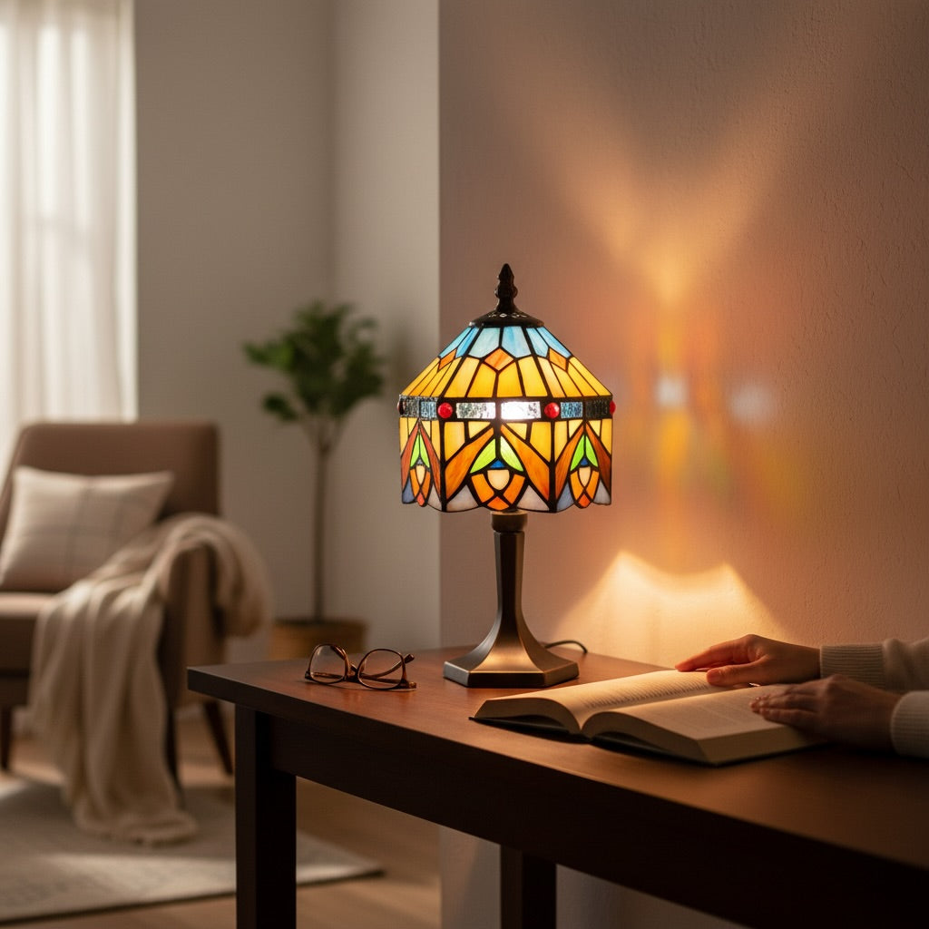 Lampe à poser style Tiffany multicolore – Abat-jour vitrail hexagonal