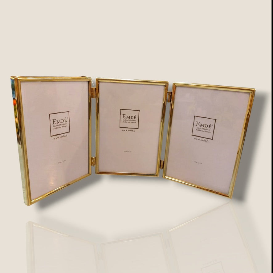 Cadre photo triptyque en métal doré – 3 vues 10x15 cm