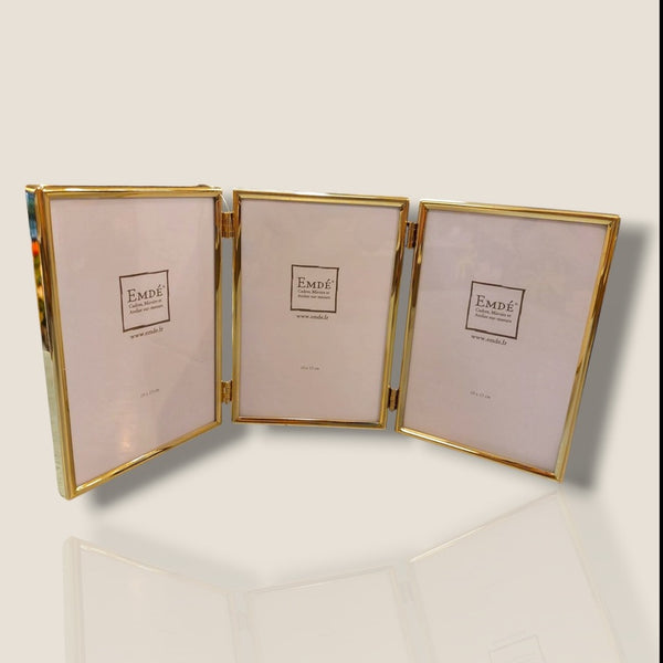 Cadre photo triptyque en métal doré – 3 vues 10x15 cm