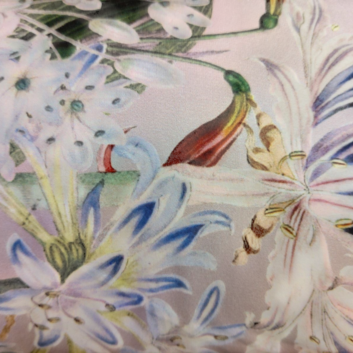Gros plan sur le coussin Depuis des lustres en velours avec imprimé botanique de fleurs et papillons sur fond rose