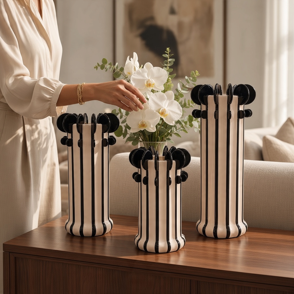 Vase céramique rayé noir et blanc H44 – Élégance graphique XXL