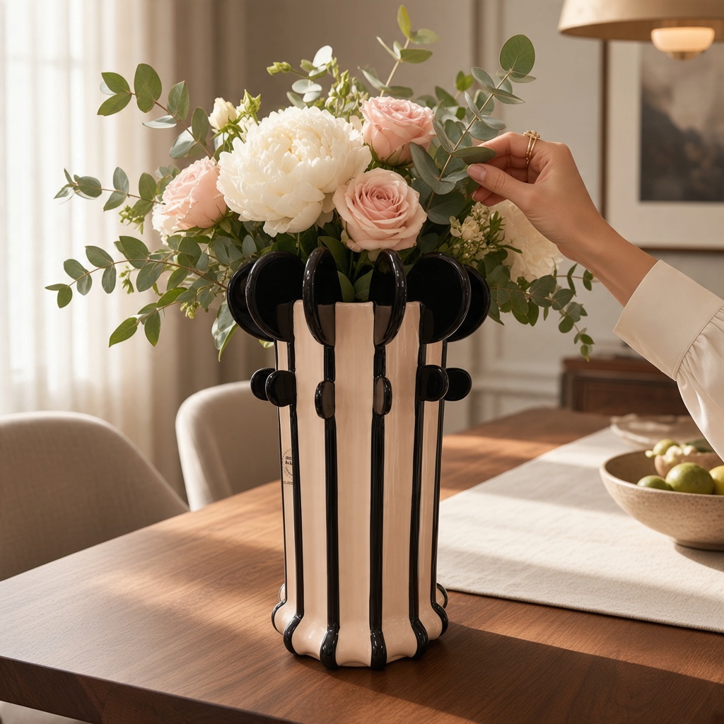 Vase rayé céramique blanc et noir – H30 cm