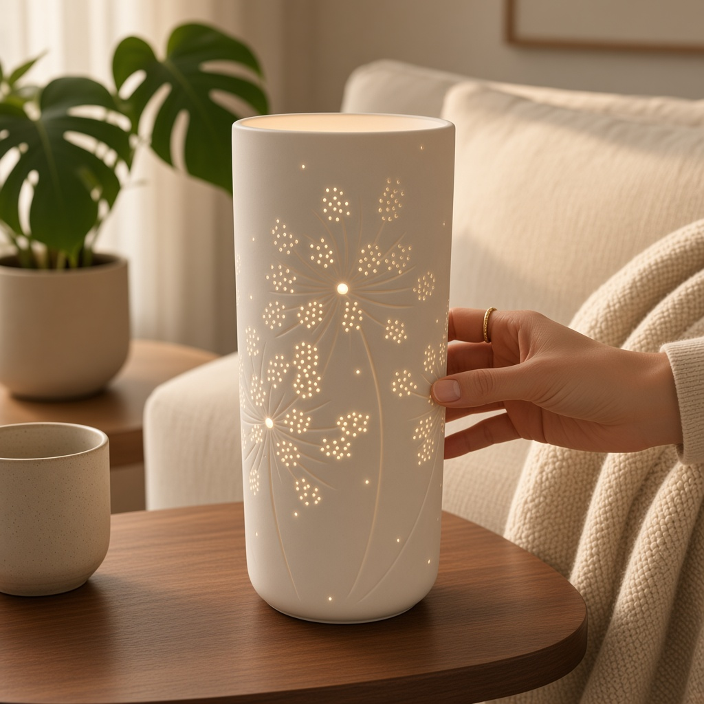 Lampe céramique ajourée aux motifs floraux – Blanc mat