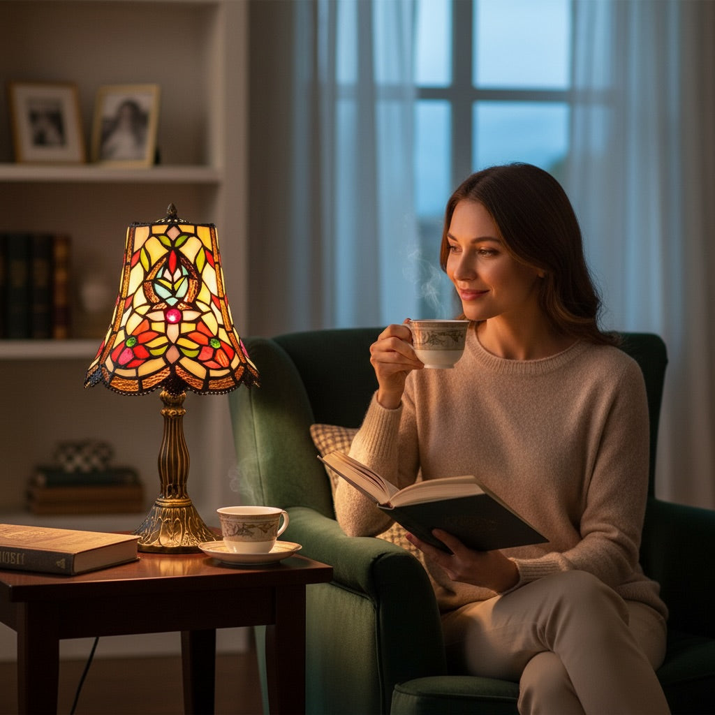 Lampe Tiffany multicolore – Vitrail floral Art Nouveau