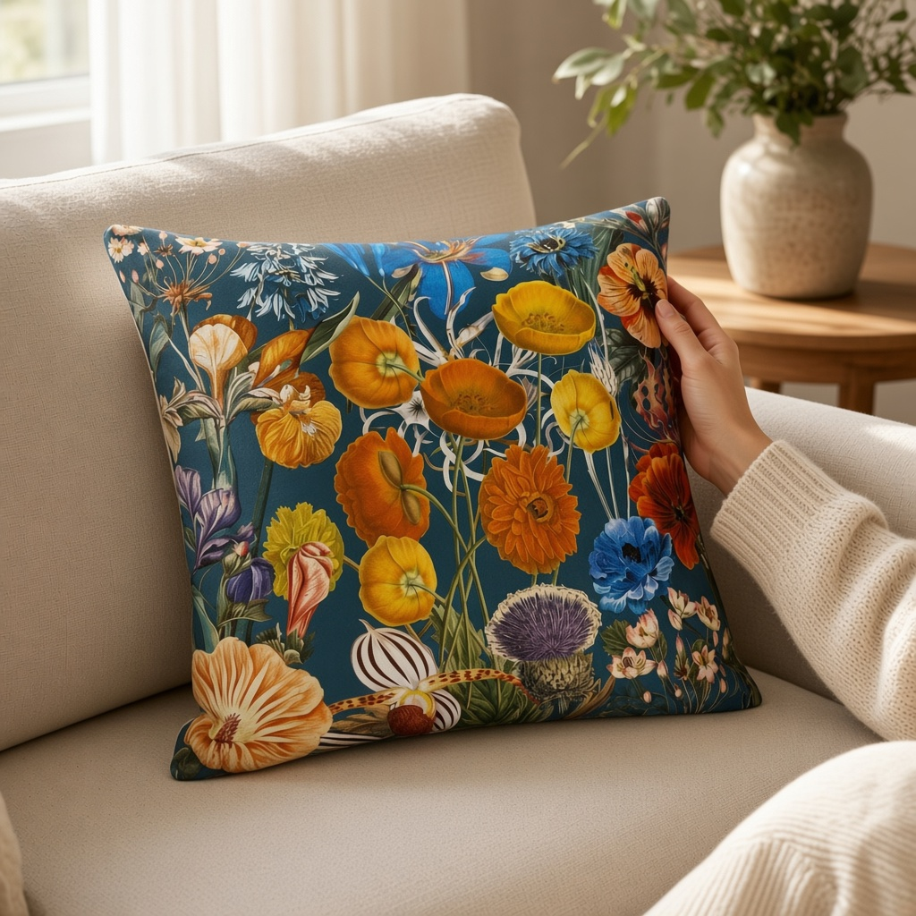 Coussin velours botanique fond bleu canard – Verso gris
