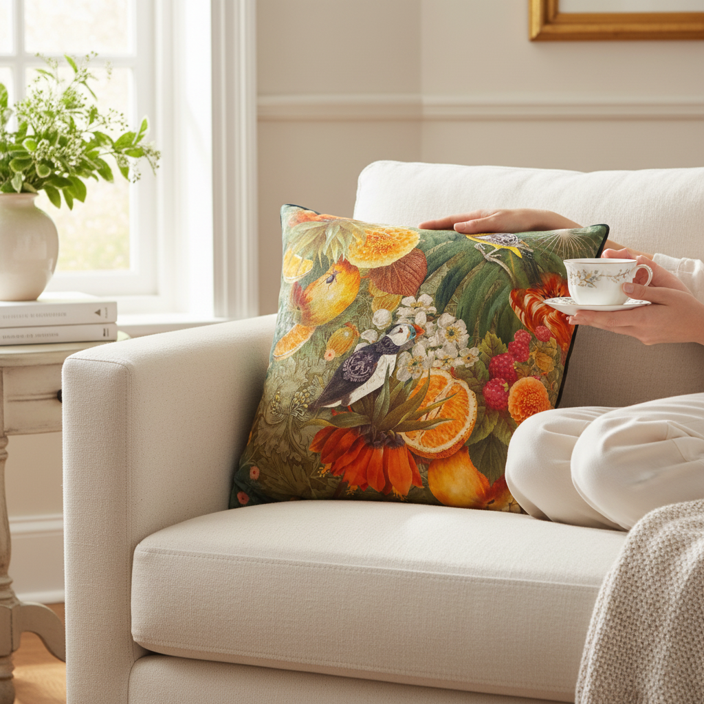 Coussin velours imprimé floral – Vert olive & doré, 50 x 50 cm