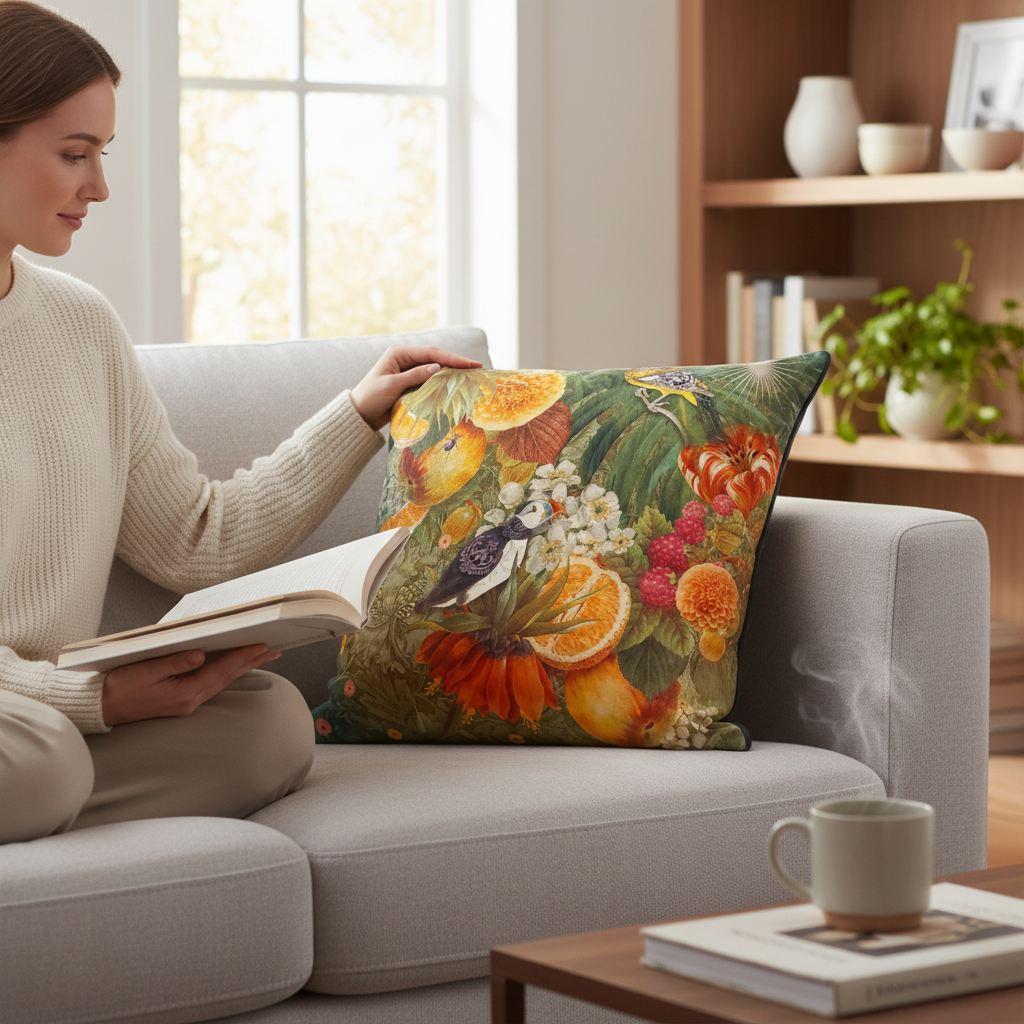 Coussin velours imprimé floral – Vert olive & doré, 50 x 50 cm