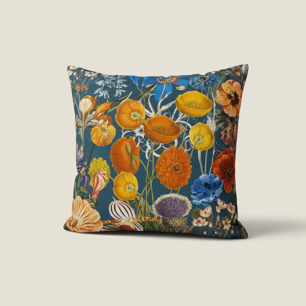 Coussin Depuis des lustres en velours à imprimé botanique floral coloré sur fond bleu canard avec bordure tressée