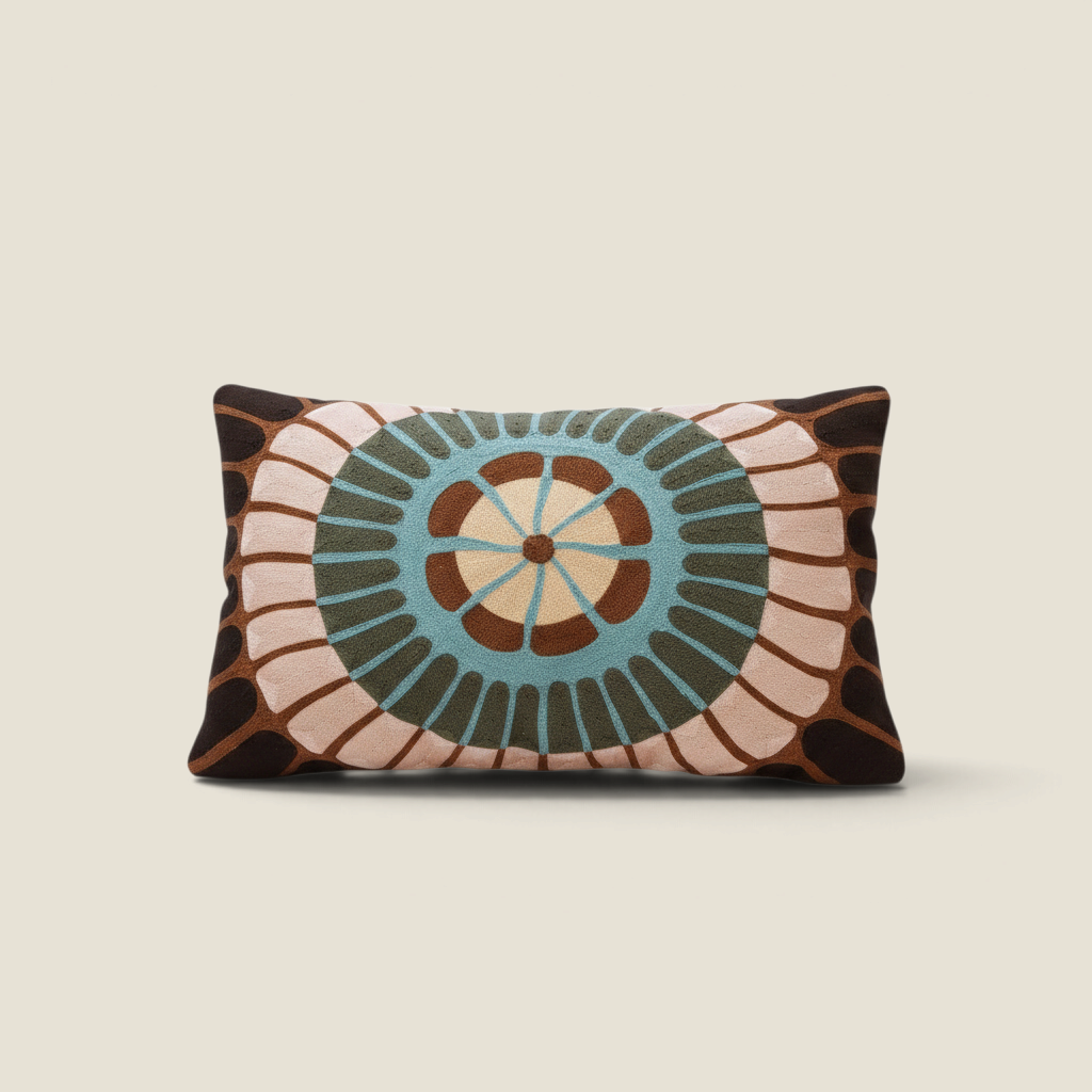 Coussin rectangulaire Depuis des lustres Zeno Forêt avec broderie artisanale mandala aux tons vert, marron et turquoise