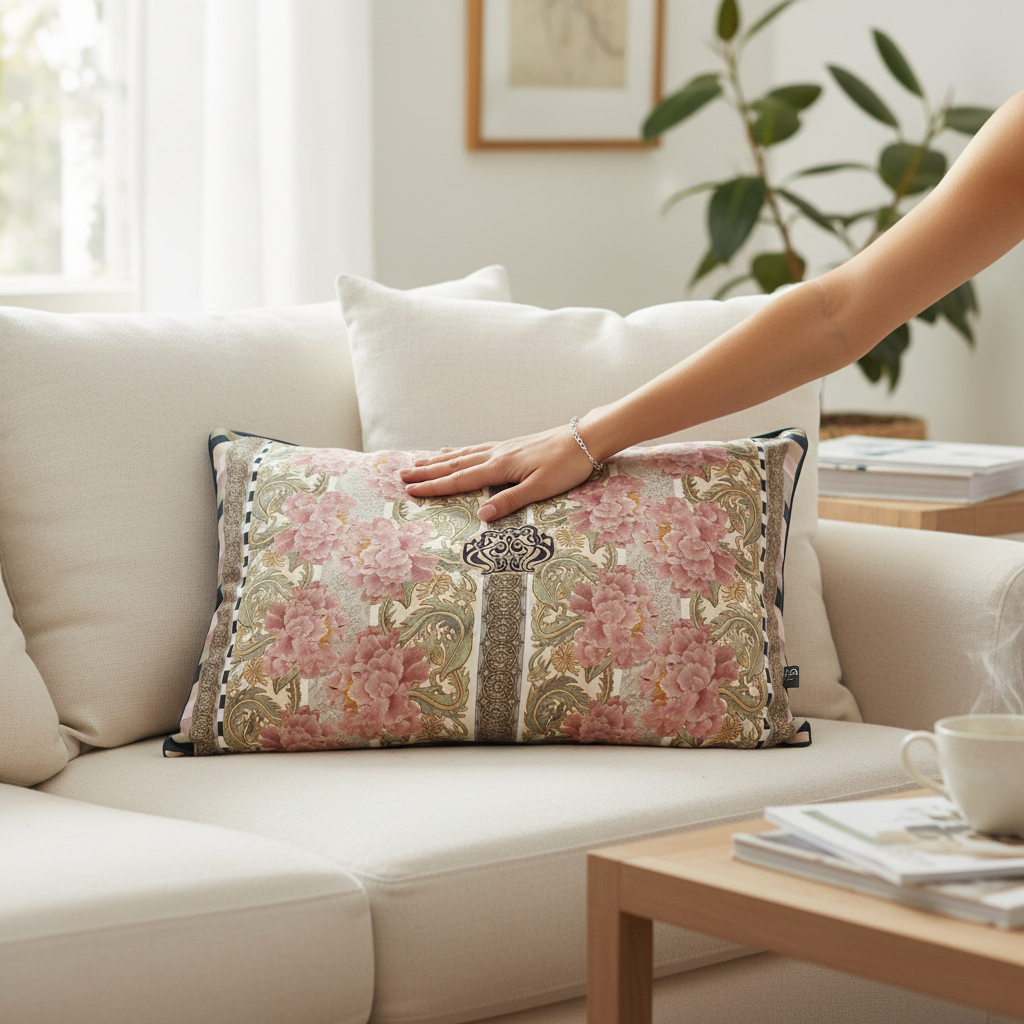 Coussin velours imprimé rayures – Rose, noir, kaki & beige