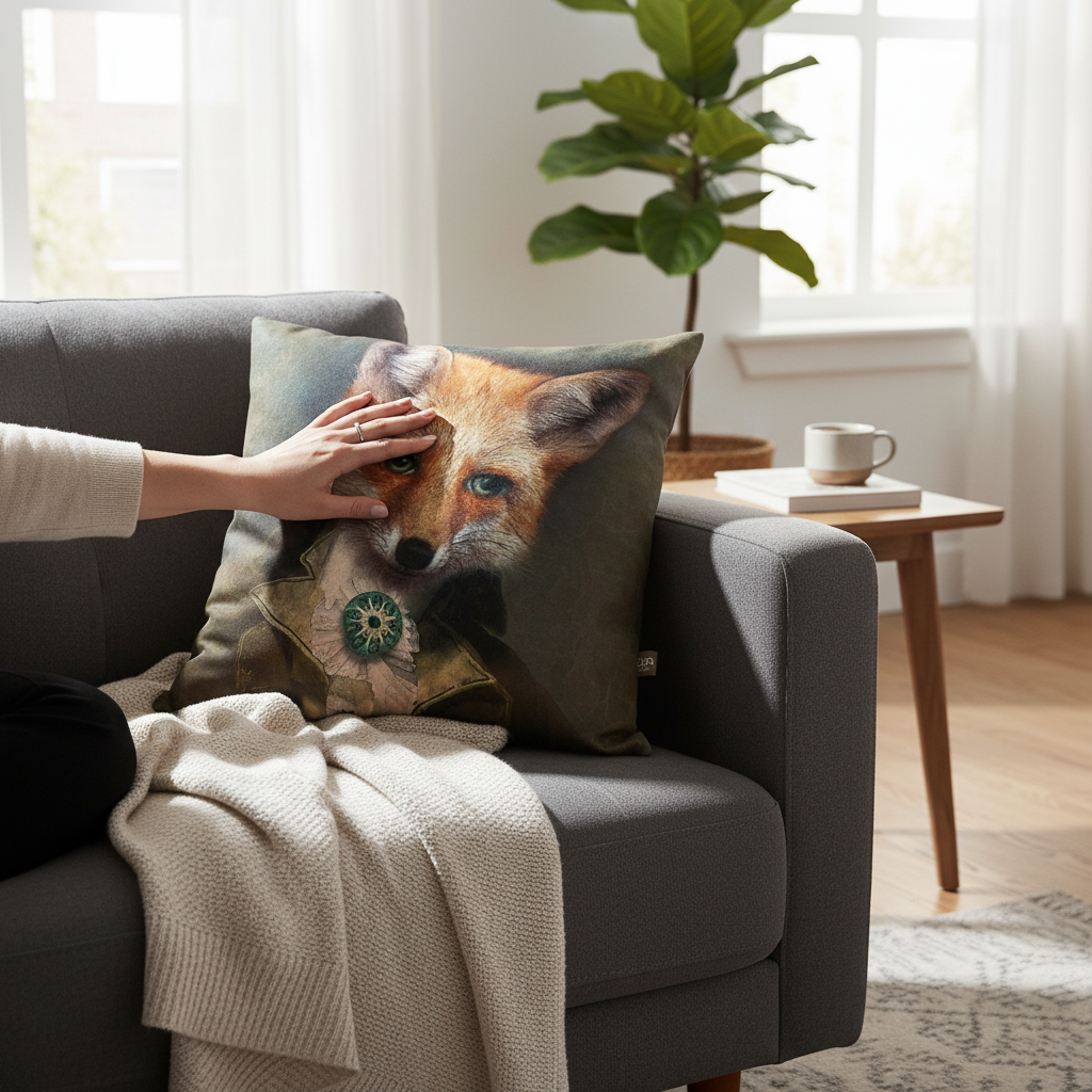 Coussin velours imprimé Renard portrait – 40 x 40 cm Vert kaki