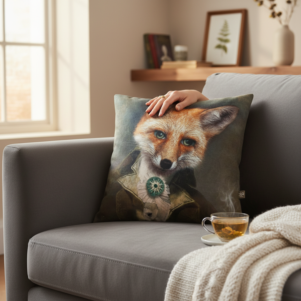 Coussin velours imprimé Renard portrait – 40 x 40 cm Vert kaki