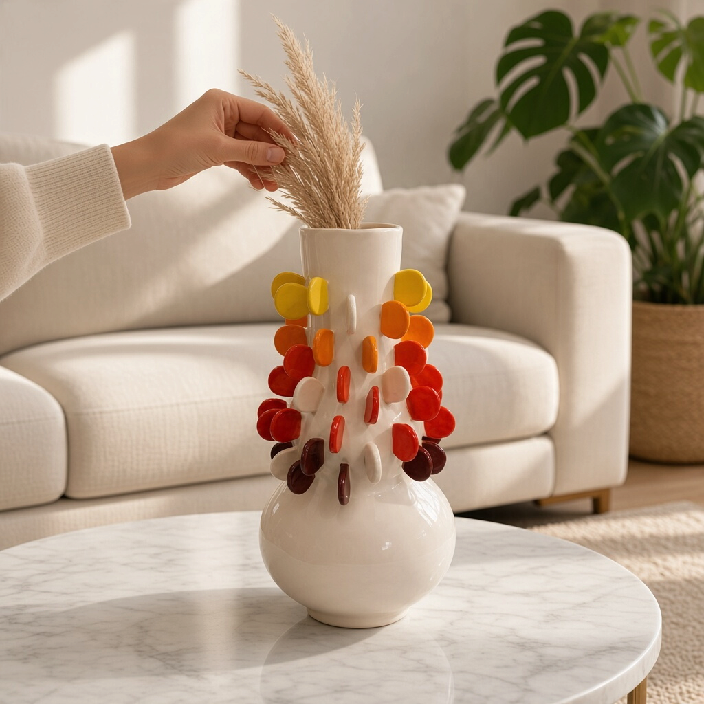 Vase céramique pastilles jaune, orange et rouge – H33 cm