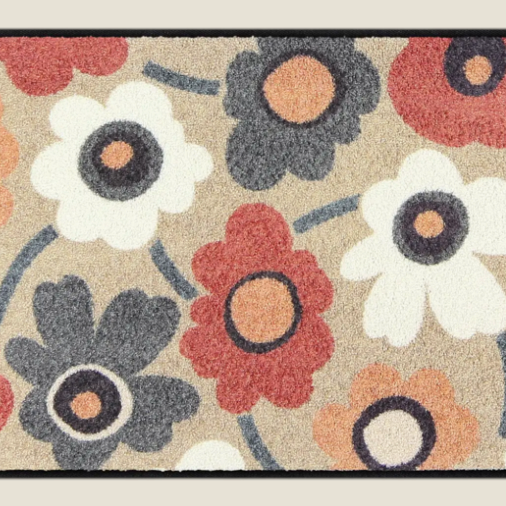 Tapis d'entrée Depuis des lustres Blooming Harmony rectangulaire à motif floral rétro bleu et rose sur fond beige