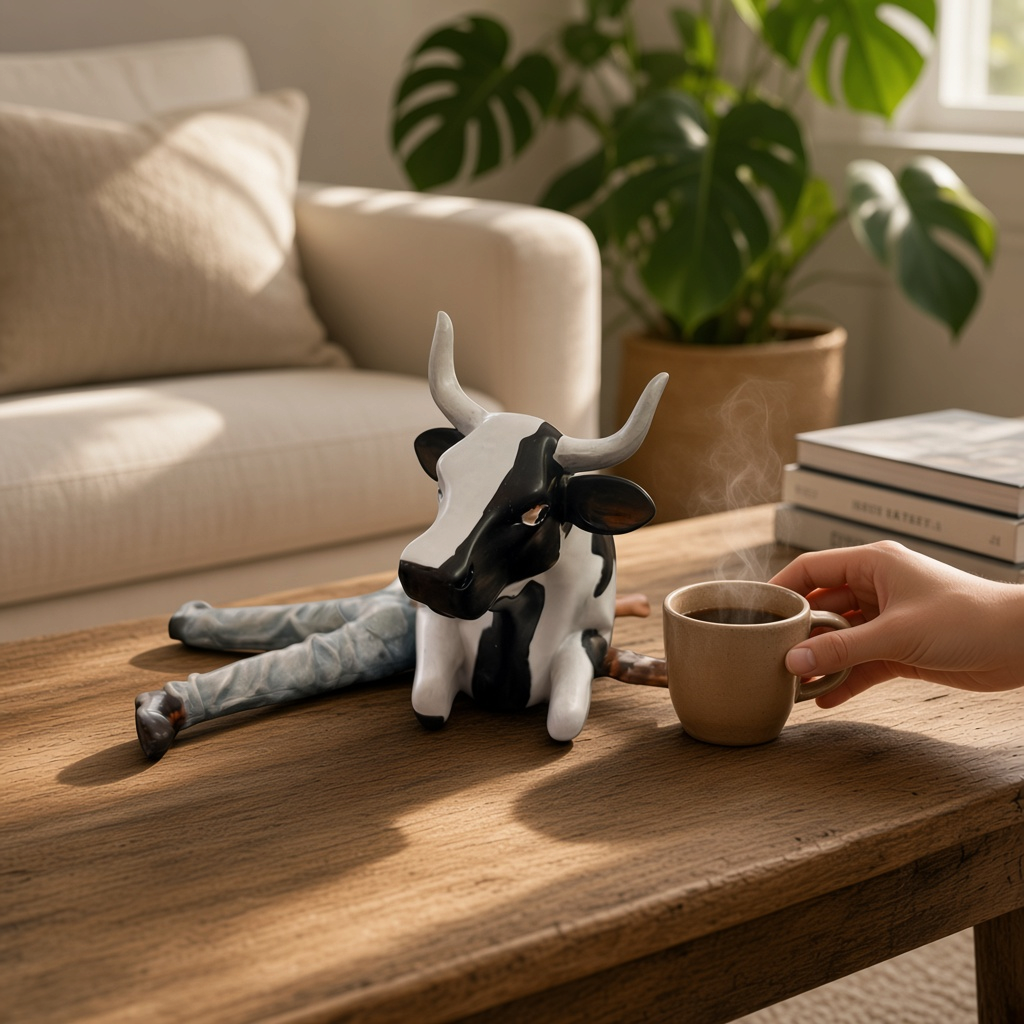 Vache décorative Cow Sitting on Man / Ni Mu (medium) - 24 cm x 8 cm - CowParade