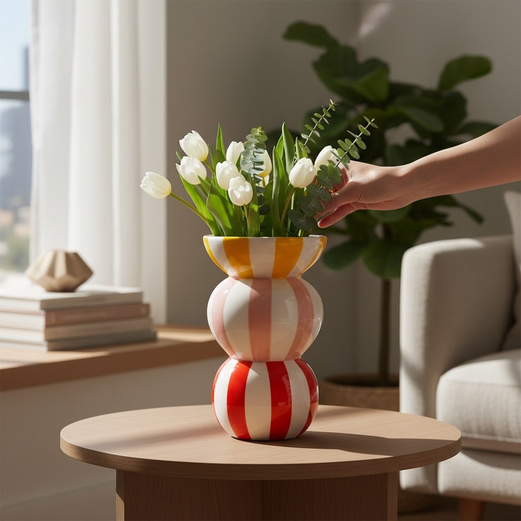 Vase en céramique rayures rouge, rose et jaune — QUE RICO