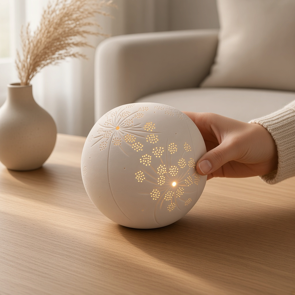 Lampe boule céramique ajourée – Motifs floraux poétiques