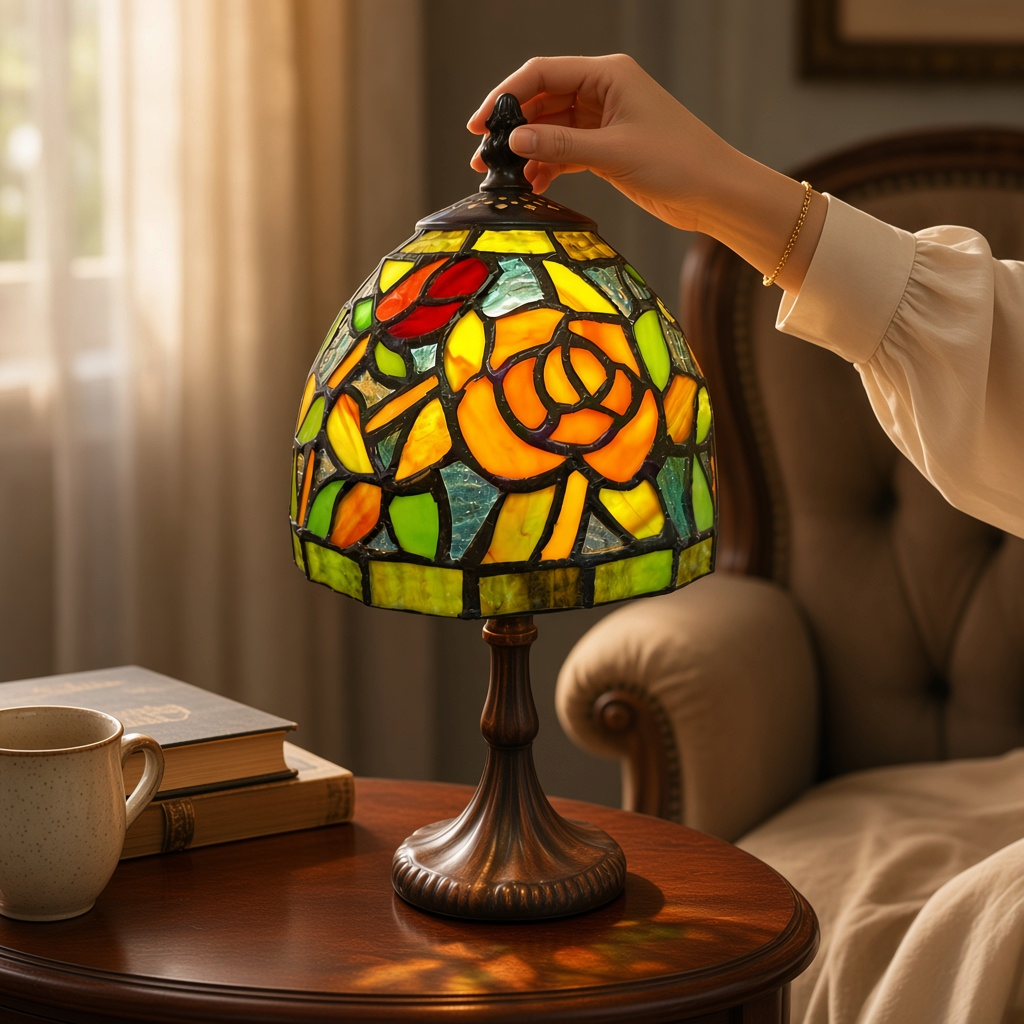 Lampe à poser style Tiffany – Vitrail floral multicolore