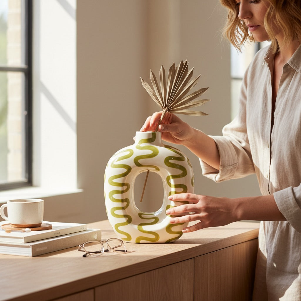 Vase céramique blanc et vert olive — QUE RICO
