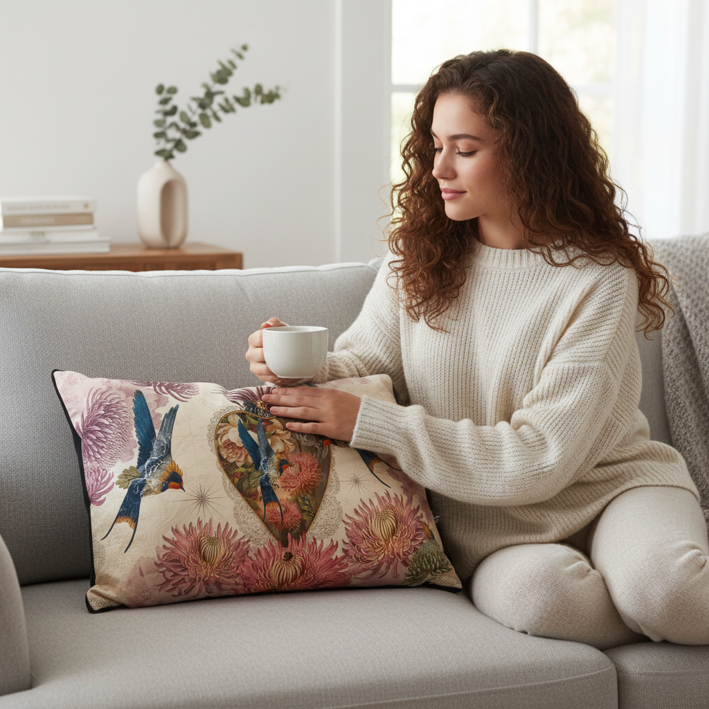 Coussin velours imprimé 40 x 60 cm – Motifs botaniques et animaliers, tons chauds