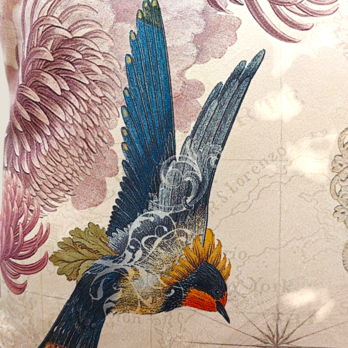 Depuis des lustres OIA rectangular velvet cushion featuring vintage botanical prints, swallows, and floral motifs.