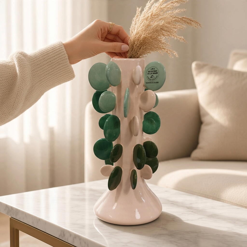 Vase céramique pastilles vertes fait main – H33 cm