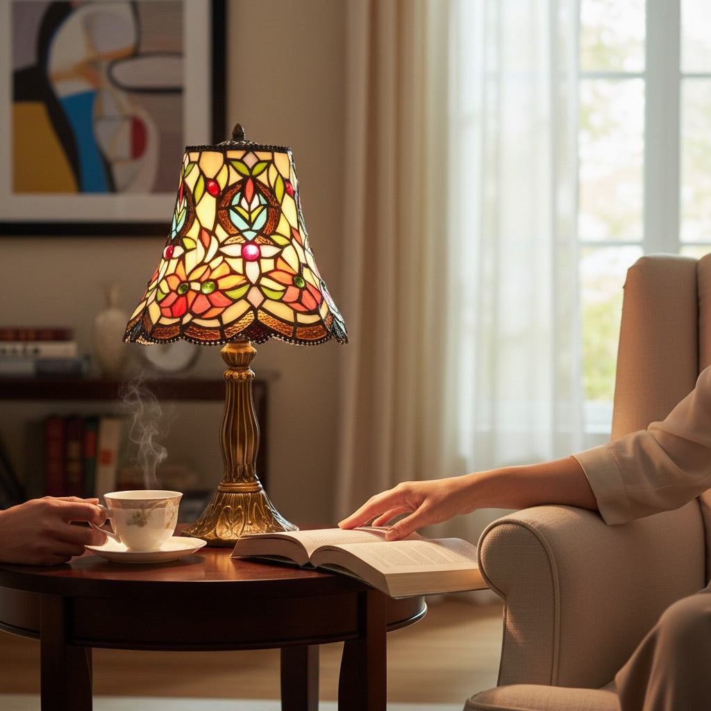 Lampe Tiffany multicolore – Vitrail floral Art Nouveau