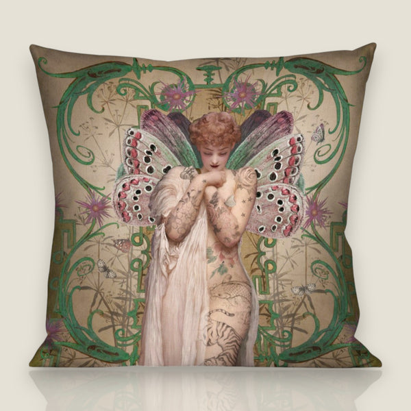 Depuis des lustres Voglio Bene Angel velvet cushion with winged figure, floral Art Nouveau border, and black piping.