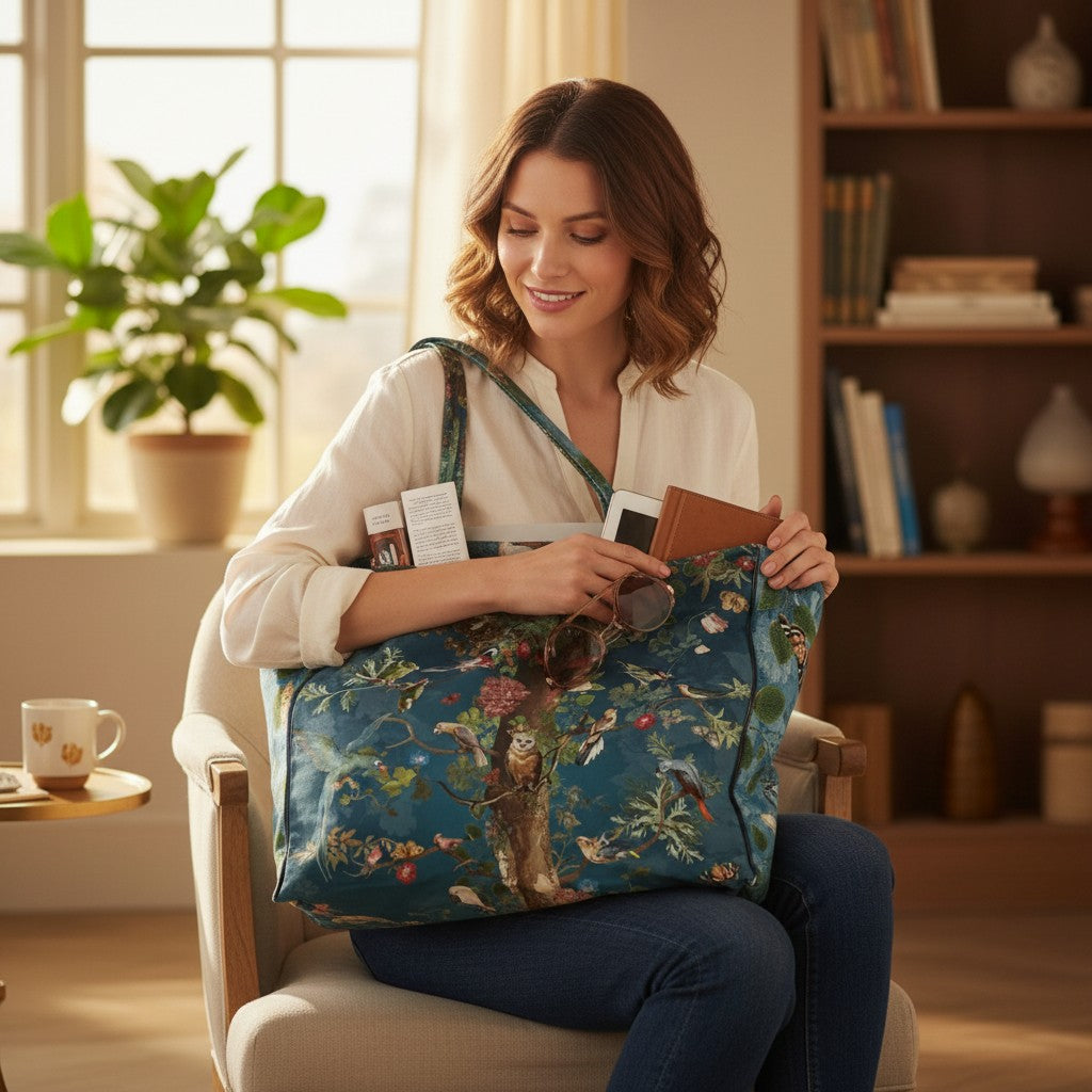 Depuis des lustres Voglio Bene Arbre de Vie tote bag with exotic birds and floral print on deep blue polyester canvas