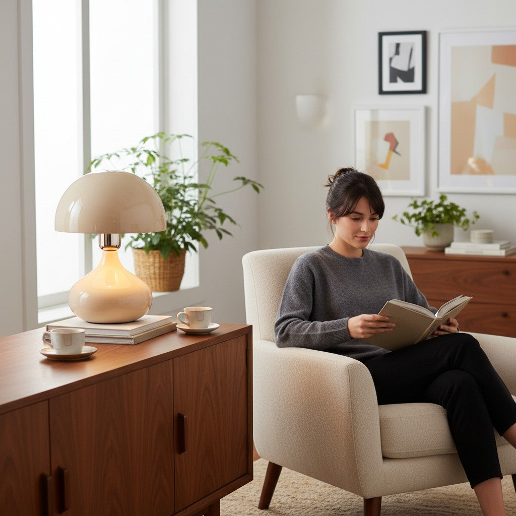 Depuis des lustres CADES beige opal glass mushroom table lamp with chrome detail on a wooden sideboard next to a reader