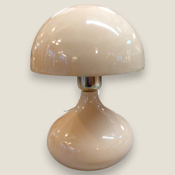 Depuis des lustres CADES mushroom table lamp in beige opaline glass with a chrome accent ring.