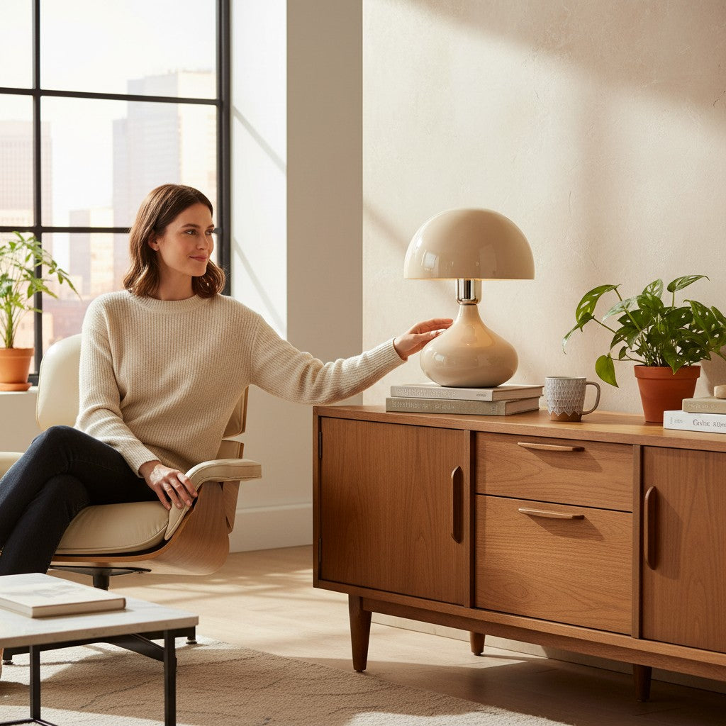 Depuis des lustres CADES mushroom table lamp in beige opal glass with chrome detail on a wooden sideboard