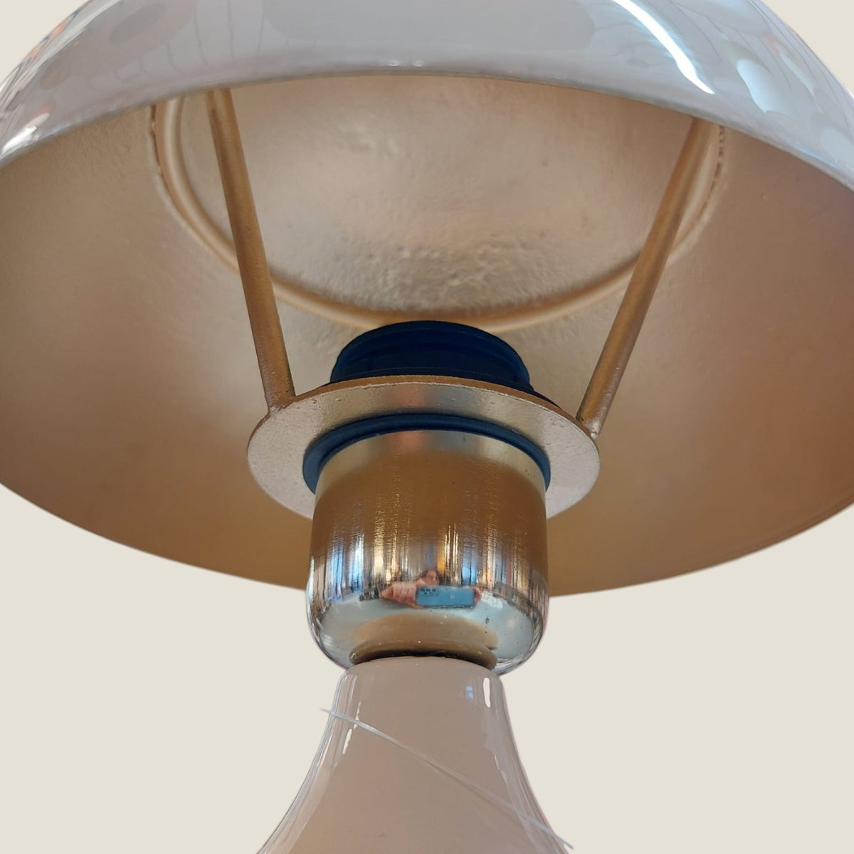 Depuis des lustres CADES mushroom table lamp in beige opal glass with a chrome ring detail and dome shade.