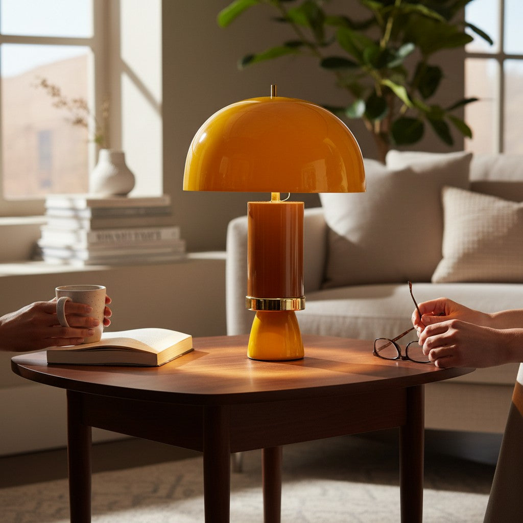 Depuis des lustres CADES vintage mustard yellow metal mushroom table lamp with gold ring detail on a wooden table.