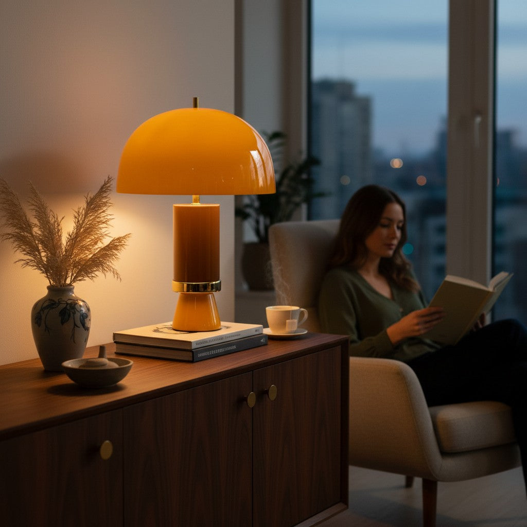 Depuis des lustres CADES vintage mustard yellow metal mushroom table lamp with gold ring detail on a wooden sideboard